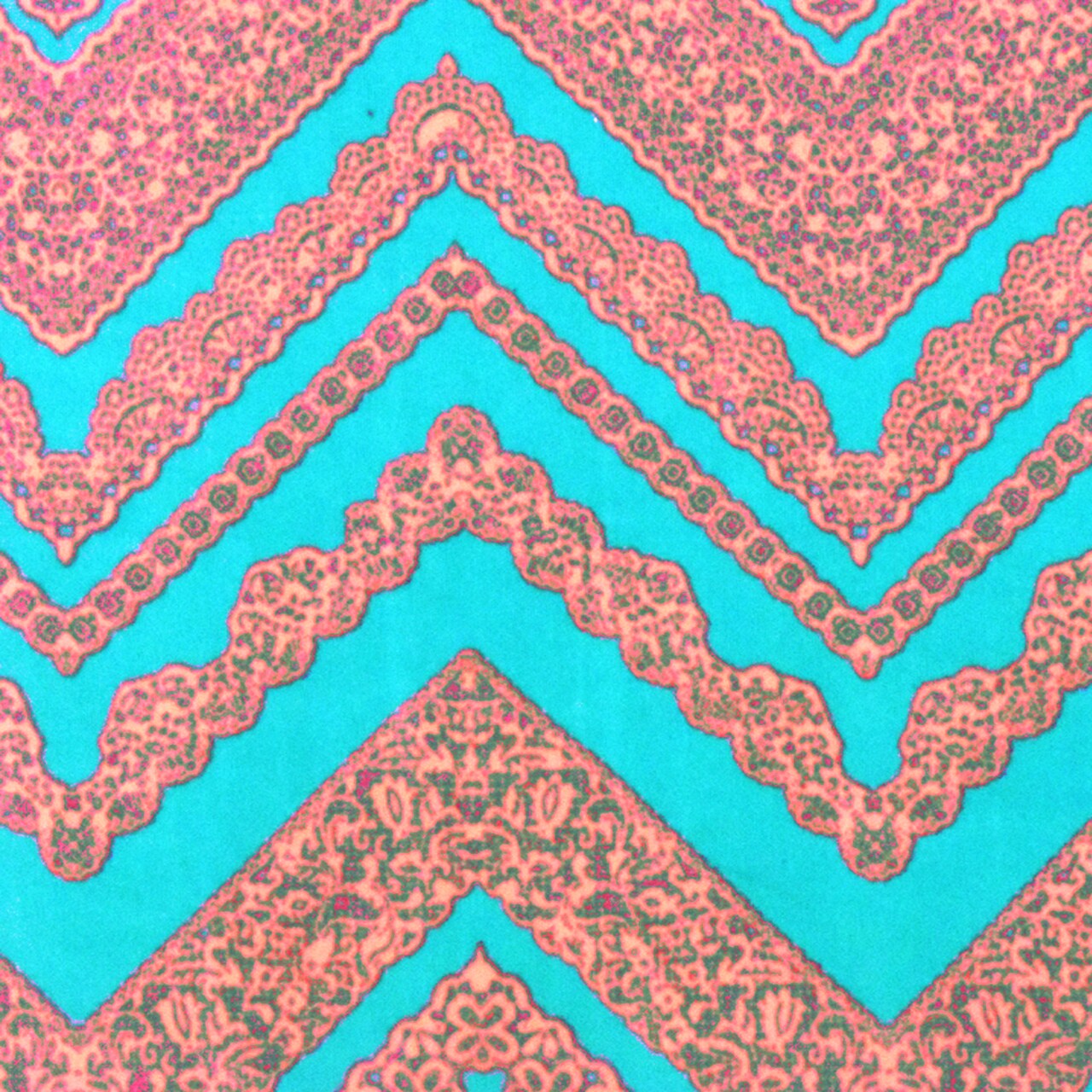 Aqua Teal-Neon Coral Lace Chevron Printed Double Brushed ITY Knit Fabric By the Yard